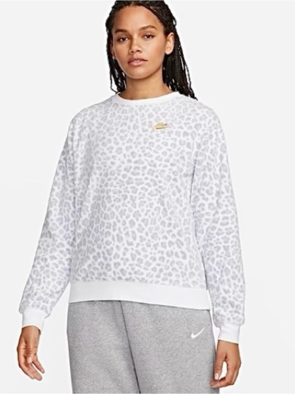 Nike White Leopard-Print Crew Sweatshirt with Gold Logo